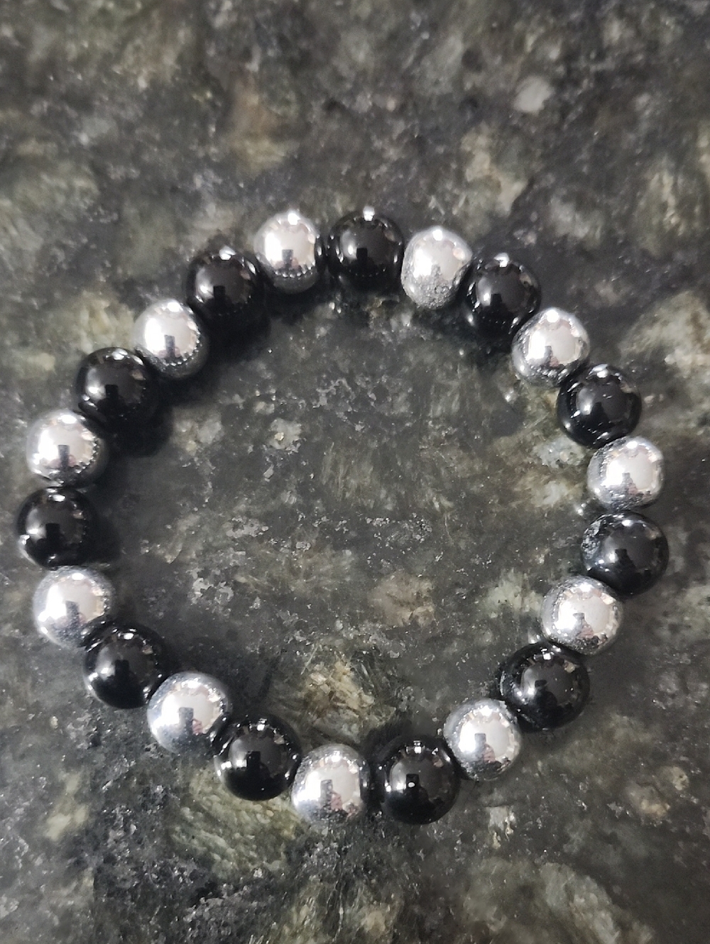 Handmade Black Jasper & Silver Beaded Stretch Bracelet